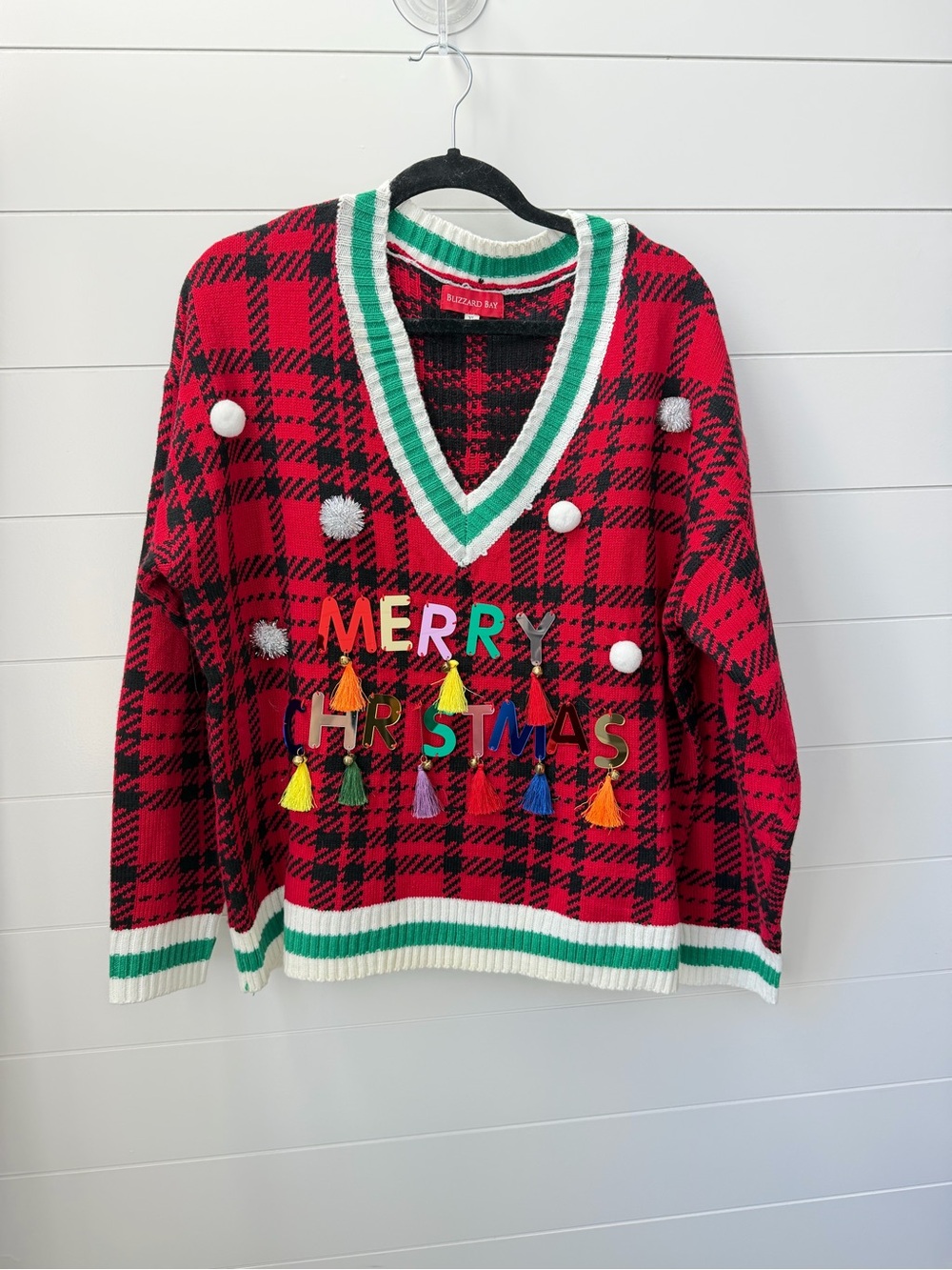 Holiday Plaid V-Neck Sweater - Red Merry Christmas Design